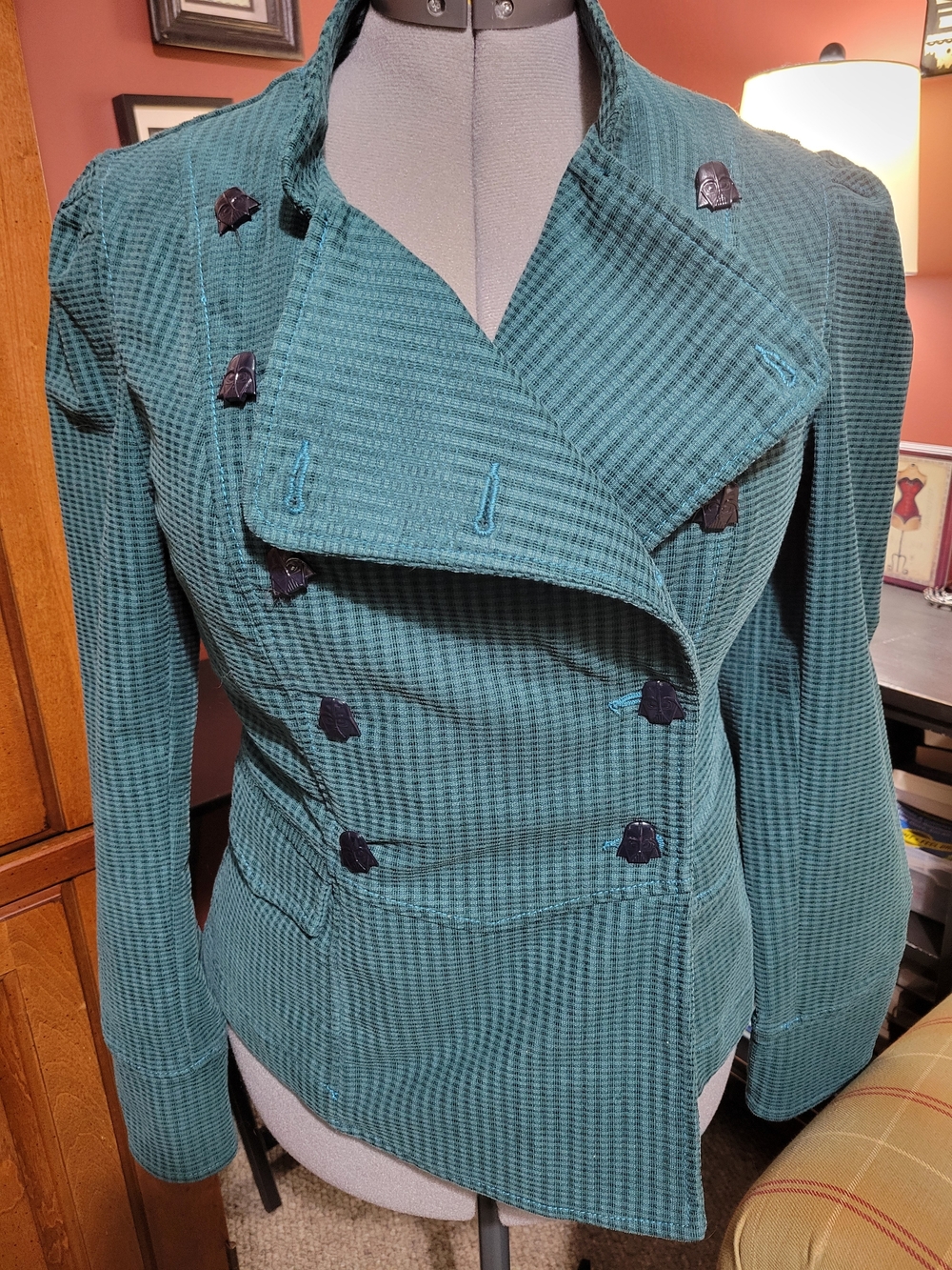 Cabi Teal Houndstooth Double-Breasted Blazer With Darth Vader Buttons
